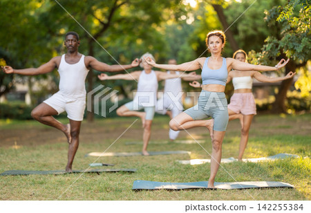 Woman practicing Tree Pose during group yoga in green park 142255384
