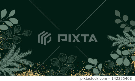 Elegant botanical holiday border with evergreen pine and leafy branches on a dark green background, festive luxury design, Christmas, winter celebration. 142255408