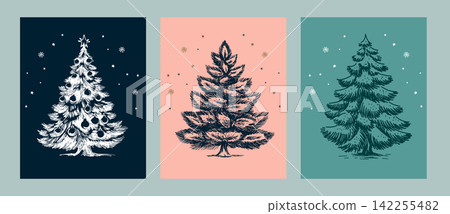 Christmas tree set. Hand drawn illustration.	 142255482