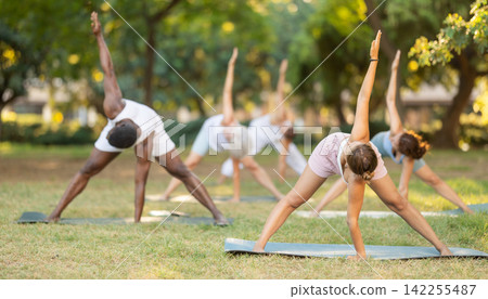 Multinational yoga enthusiasts with female coach perform Prasarita Padottanasana in park Multinational yoga enthusiasts with female coach perform Prasarita Padottanasana in park 142255487