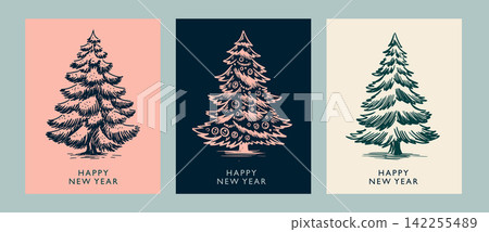 Christmas tree set, Happy New Year. Hand drawn illustration. Christmas tree set, Happy New Year. Hand drawn illustration. 142255489