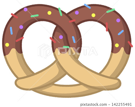 Cute cartoon pretzel coated with chocolate glaze and sprinkles 142255491