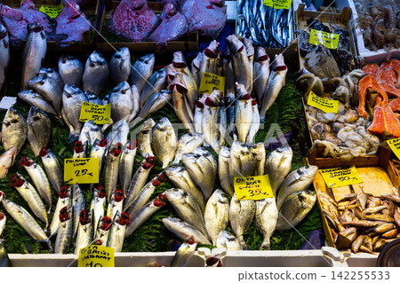 Fresh fish and seafood on market showcase in Istanbul 142255533