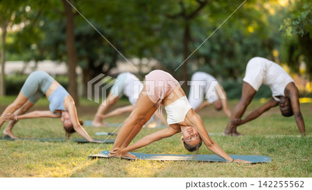 Multinational yoga enthusiasts with female coach perform Adho Mukha Svanasana in park Multinational yoga enthusiasts with female coach perform Adho Mukha Svanasana in park 142255562