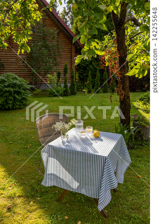Refreshing Lemon Water on Garden Table in Sunny Summer Backyard Refreshing Lemon Water on Garden Table in Sunny Summer Backyard 142255648