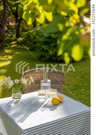 Refreshing Lemon Water on Garden Table in Sunny Summer Backyard Refreshing Lemon Water on Garden Table in Sunny Summer Backyard 142255649