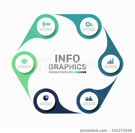 Circular business infographic template featuring interlocking fluid teardrop pin shapes. Vector illustration. Circular business infographic template featuring interlocking fluid teardrop pin shapes. Vector illustration. 142255838
