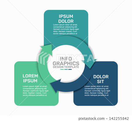 Circular infographic template with arrows and text blocks for business cycle steps, process workflow. Vector illustration. Circular infographic template with arrows and text blocks for business cycle steps, process workflow. Vector illustration. 142255842