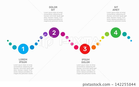 Timeline infographic template with dotted wave path and steps for business process milestone presentation. Vector illustration. Timeline infographic template with dotted wave path and steps for business process milestone presentation. Vector illustration. 142255844