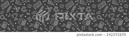 Back to school seamless doodle banner. Hand drawn education background with books, pencil, scissors, calculator, ruler, trophy, magnifier and school supplies in white line style on dark background. Back to school seamless doodle banner. Hand drawn education background with books, pencil, scissors, calculator, ruler, trophy, magnifier and school supplies in white line style on dark background. 142255870