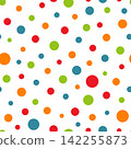 Colorful seamless polka dot pattern. Playful party background with red, green, blue and orange circles in different sizes. Vector design for birthday, wrapping paper, textile, card, poster and print. 142255873