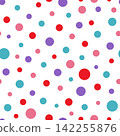 Colorful seamless polka dot pattern. Playful party background with red, pink, purple and blue circles in different sizes. Vector design for birthday, wrapping paper, textile, card, poster and print. 142255876