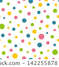 Colorful seamless polka dot pattern. Playful background with pink, blue, green and yellow circles in different sizes. Vector design for birthday party, wrapping paper, textile, card, poster and print. 142255878