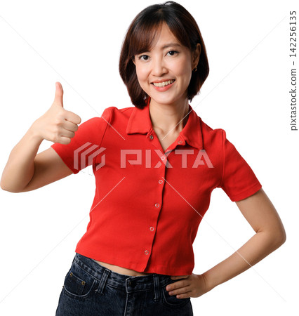 Happy smiling Asian woman giving thumb up gesture dressed in casual red polo shirt standing isolated on plain transparency background Happy smiling Asian woman giving thumb up gesture dressed in casual red polo shirt standing isolated on plain transparency background 142256135