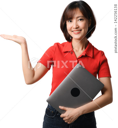 Happy smiling asian woman presenting copy space holding laptop computer wearing casual red shirt for business marketing promotion Happy smiling asian woman presenting copy space holding laptop computer wearing casual red shirt for business marketing promotion 142256138