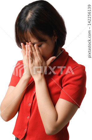 Stressed sad asian woman crying feeling depressed covering face isolated against transparent background with grief emotion Stressed sad asian woman crying feeling depressed covering face isolated against transparent background with grief emotion 142256139