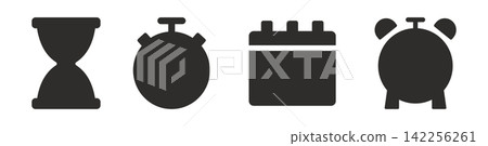 A set of four black icons on a white background, the illustrations represent an hourglass, a stopwatch, an alarm clock and a calendar A set of four black icons on a white background, the illustrations represent an hourglass, a stopwatch, an alarm clock and a calendar 142256261