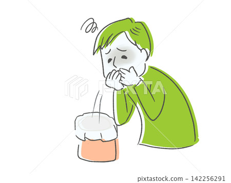A simple illustration of a man feeling unwell, nauseous. 142256291