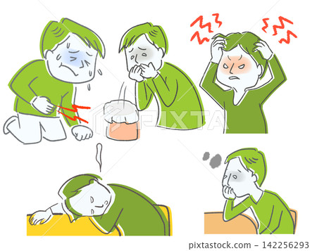 一組簡單的插圖,描繪了一個身體不適的男人。 一組簡單的插圖,描繪了一個身體不適的男人。 142256293