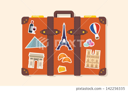 Travel suitcase with summer travel France stickers Travel suitcase with summer travel France stickers 142256335