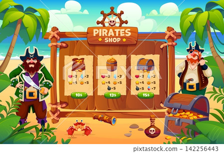 Pirate game shop window interface buttons and icons with UI and GUI cartoon elements. Video game interface for mobile screen menu with Caribbean pirate corsairs treasure score and reward bonus buy Pirate game shop window interface buttons and icons with UI and GUI cartoon elements. Video game interface for mobile screen menu with Caribbean pirate corsairs treasure score and reward bonus buy 142256443