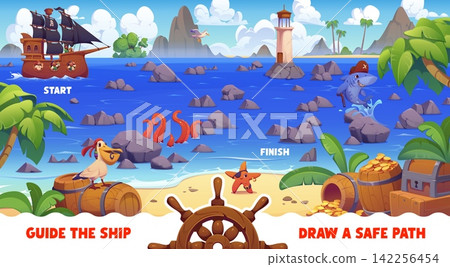 Kids labyrinth maze game puzzle worksheet, help to pirates find a safe path to treasures chests. Cartoon sea corsair riddle adventure with ship start and sandy beach finish, rocks, octopus and shark Kids labyrinth maze game puzzle worksheet, help to pirates find a safe path to treasures chests. Cartoon sea corsair riddle adventure with ship start and sandy beach finish, rocks, octopus and shark 142256454