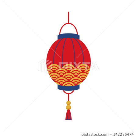 Chinese Lunar New Year red paper lantern with Seigaiha wave patterns and tassel. Traditional cartoon hanging summer festival of Japan, Japanese matsuri holiday icon. Asian festival lamp decoration Chinese Lunar New Year red paper lantern with Seigaiha wave patterns and tassel. Traditional cartoon hanging summer festival of Japan, Japanese matsuri holiday icon. Asian festival lamp decoration 142256474