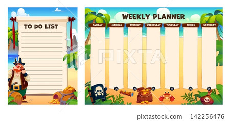 To do list paper task planning memo note and weekly planner schedule with funny pirate and treasures. Calendar pad, check list or journal template with corsair character on tropical island beach 142256476