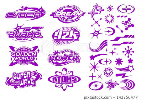 Purple y2k streetwear label icons and signs. Vector set of lilac nostalgic futuristic typography accompanied by starbursts, sparkles, comets, glitch effects and vaporwave elements in retro 2000 style Purple y2k streetwear label icons and signs. Vector set of lilac nostalgic futuristic typography accompanied by starbursts, sparkles, comets, glitch effects and vaporwave elements in retro 2000 style 142256477
