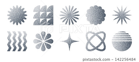 Grain geometric shape figures. Vector abstract dotted noisy elements with grunge grainy texture. Minimal monochrome retro futuristic forms including star, wave, circle, and floral gradient silhouettes Grain geometric shape figures. Vector abstract dotted noisy elements with grunge grainy texture. Minimal monochrome retro futuristic forms including star, wave, circle, and floral gradient silhouettes 142256484