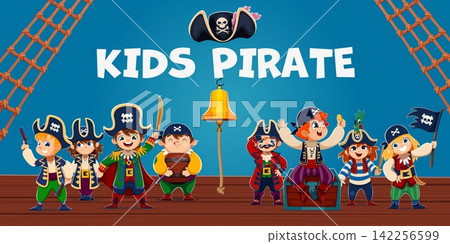 Cartoon kids pirates and corsair characters of quartermaster and captain with skipper. Kids pirates crew of boatswain and gunner sailors on wooden ship deck with treasure map at Caribbean sea Cartoon kids pirates and corsair characters of quartermaster and captain with skipper. Kids pirates crew of boatswain and gunner sailors on wooden ship deck with treasure map at Caribbean sea 142256599