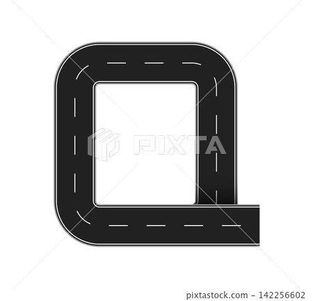 Asphalt road letter Q highway alphabet type with dashed lane markings. Creative path font typeface for transportation typography, kid learning and mapping. Way English abc, highway route alphabet sign Asphalt road letter Q highway alphabet type with dashed lane markings. Creative path font typeface for transportation typography, kid learning and mapping. Way English abc, highway route alphabet sign 142256602