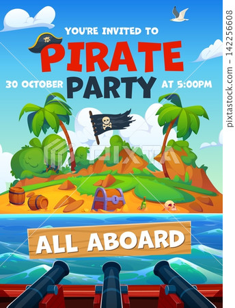 Kids pirate party flyer with tropical island and ship deck cannons. Cartoon invitation event poster template with tropical island, treasure chest, pirate flag, palm trees, ocean waves and ship cannons Kids pirate party flyer with tropical island and ship deck cannons. Cartoon invitation event poster template with tropical island, treasure chest, pirate flag, palm trees, ocean waves and ship cannons 142256608