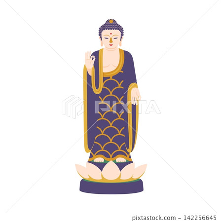 Buddha statue standing on pink lotus flower, Japan travel, holiday and architecture icon. Isolated Buddha monument in purple robe with gold trim and wave pattern, right hand raised in blessing mudra Buddha statue standing on pink lotus flower, Japan travel, holiday and architecture icon. Isolated Buddha monument in purple robe with gold trim and wave pattern, right hand raised in blessing mudra 142256645