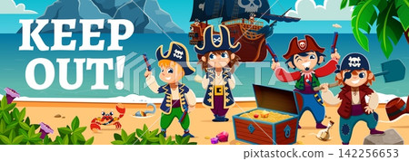 Cartoon kid pirate and corsair ship crew members on island sunny tropical island beach, guarding a chest of gold and jewel treasures with smiles and adventure vibes surrounded by sand and palm leaves 142256653