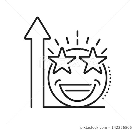 Positive feedback emoticon icon with star shaped eyes, smiling face, upward arrow and happiness expression. Outline ranking star pictogram and best quality sign. Review, satisfaction and rating stars 142256806