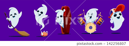 Cartoon cute kawaii ghost characters or Halloween spooky phantom and scary spirit personages. Kawaii ghosts with happy boo faces, funny ghost with witch broomstick, in coffin or play music in kid hat Cartoon cute kawaii ghost characters or Halloween spooky phantom and scary spirit personages. Kawaii ghosts with happy boo faces, funny ghost with witch broomstick, in coffin or play music in kid hat 142256807