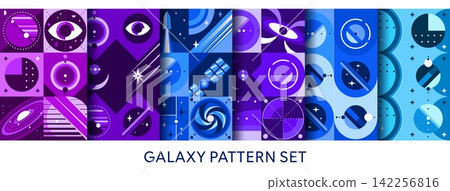 Universe galaxy space seamless patterns set with mosaic modern geometric background of star, planet, rocket abstract shapes. Satellite, moon and black hole in outer space seamless pattern background Universe galaxy space seamless patterns set with mosaic modern geometric background of star, planet, rocket abstract shapes. Satellite, moon and black hole in outer space seamless pattern background 142256816