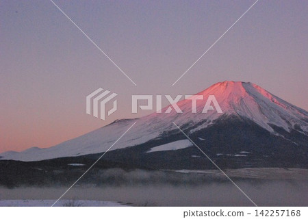 Lake Yamanaka, Yamanaka Prefecture, Hiraike Pond, Mount Fuji in the early morning sunlight, cherry blossom pink. (Am 6:52) Lake Yamanaka, Yamanaka Prefecture, Hiraike Pond, Mount Fuji in the early morning sunlight, cherry blossom pink. (Am 6:52) 142257168