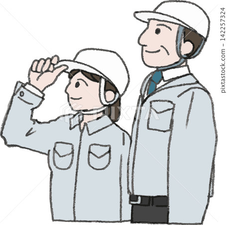 一位身穿工作服的男士和一位面向左側的女工的插圖(女性賦權、激勵、面向左側、彩色、向量圖) 一位身穿工作服的男士和一位面向左側的女工的插圖(女性賦權、激勵、面向左側、彩色、向量圖) 142257324