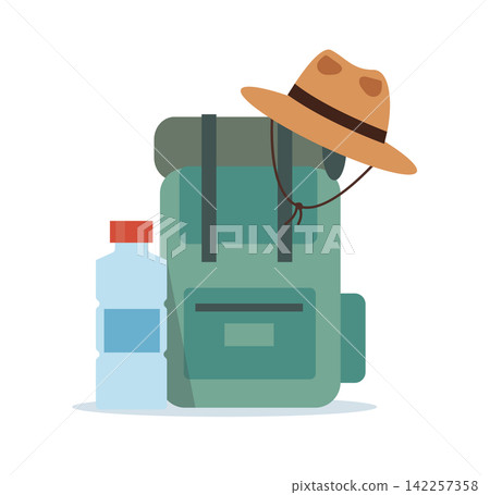 Hiking Backpack with Safari Hat and Water Bottle for Outdoor Adventure Hiking Backpack with Safari Hat and Water Bottle for Outdoor Adventure 142257358