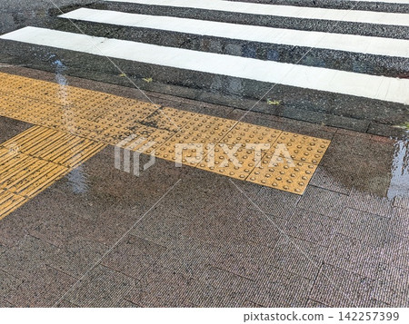 暴雨過後,點字磚上積滿了水坑。 暴雨過後,點字磚上積滿了水坑。 142257399