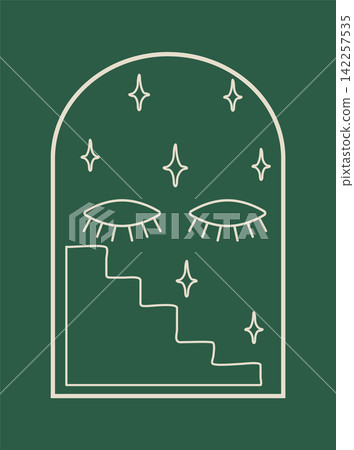 Minimalist arched window with closed eyes and stairs on green background Minimalist arched window with closed eyes and stairs on green background 142257535