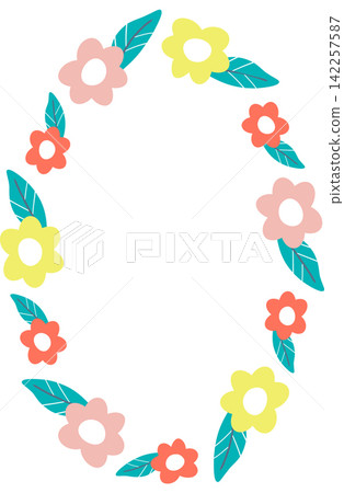 Wreath frame with colorful flower elements. Trendy graphic template. Cute empty frame box Wreath frame with colorful flower elements. Trendy graphic template. Cute empty frame box 142257587
