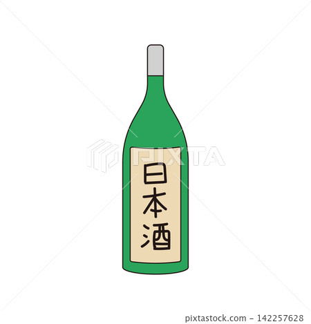 一瓶綠色的日本清酒,以及酒標的插圖。 一瓶綠色的日本清酒,以及酒標的插圖。 142257628