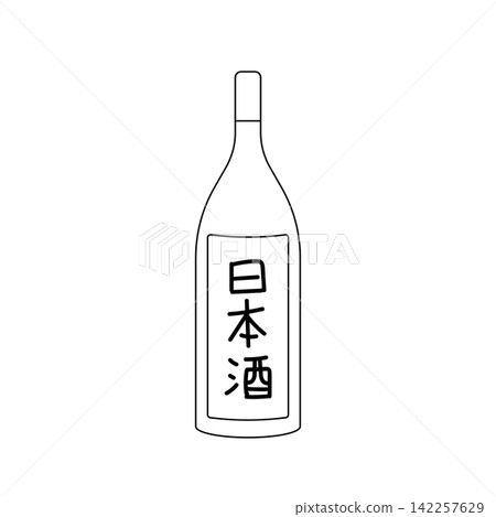 一幅單色插圖,描繪了一瓶清酒及其標籤。 一幅單色插圖,描繪了一瓶清酒及其標籤。 142257629