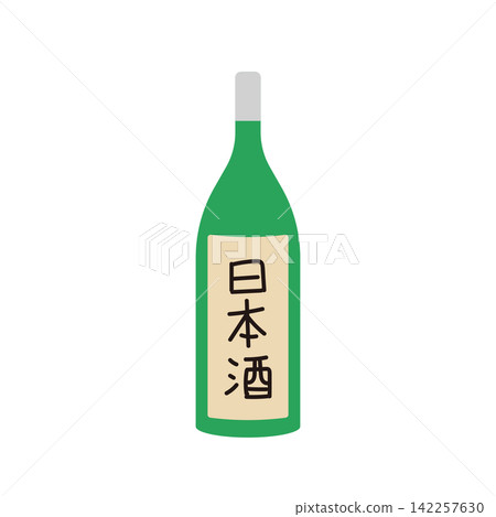 一瓶無邊綠色的清酒,以及酒標的插圖。 一瓶無邊綠色的清酒,以及酒標的插圖。 142257630