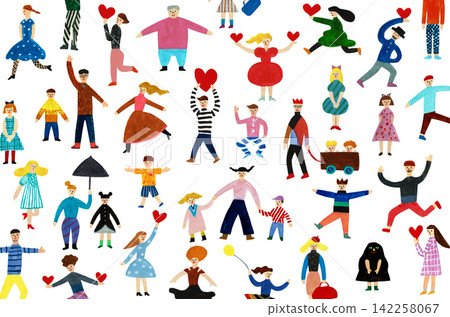 A set of hand-drawn illustrations of colorful people and hearts. A set of hand-drawn illustrations of colorful people and hearts. 142258067