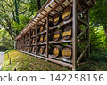 French wine barrels on wooden rack display at Meiji Jingu shrine in Tokyo Japan 142258156