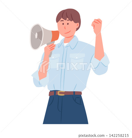 Young Man Wearing Jeans Holding Megaphone Bright Soft Atmosphere Announcement Young Man Wearing Jeans Holding Megaphone Bright Soft Atmosphere Announcement 142258215